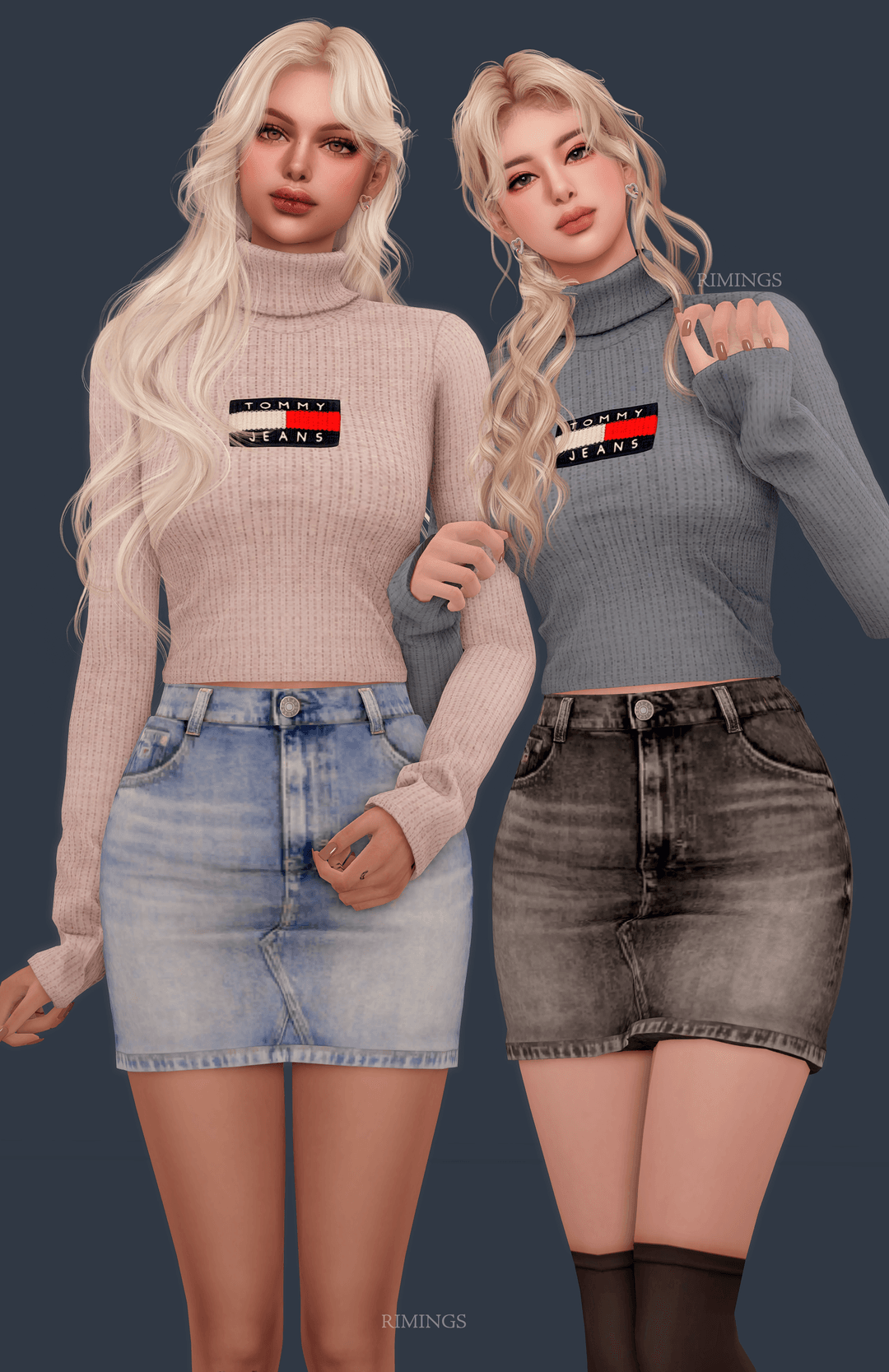 Галерея мода Сет Turtleneck Knit Top & Denim Skirt & Earring #1